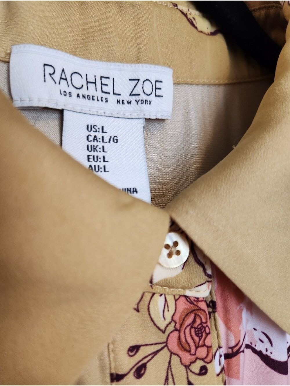 RACHEL ZOE FLORAL BUTTON FRONT TAB SLEEVE BLOUSE MUSTARD PINK LARGE LIKE NEW! - Picture 6 of 6